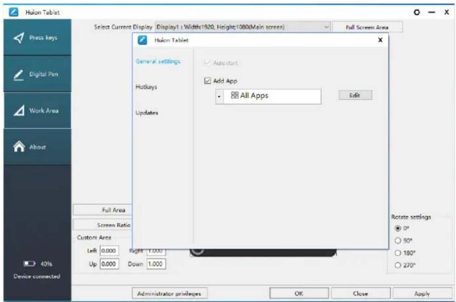 Huilon Tablet Select Current Display | Display1 : Width:1920, Height:1080(Main screen) | Full Screen Area Press keys Digital Pen Work Area About General settings Hotkeys Updates Autocastart Add App All Apps Edit Full Area Screen Ratio Custom Area Left 0.000 Right 1.000 Up 0.000 Down 1.000 Rotate settings 0° 90° 180° 270° Device connected Administrator privileges OK Close Apply