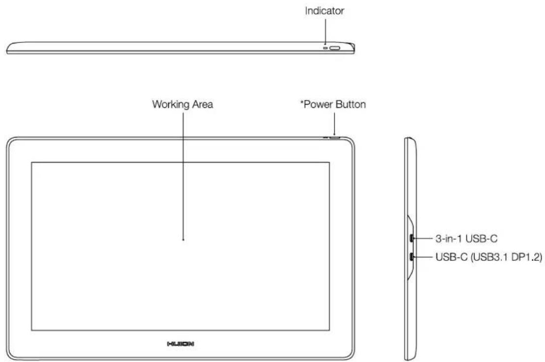 Indicator Working Area *Power Button 3-in-1 USB-C USB-C (USB3.1 DP1.2) HULION