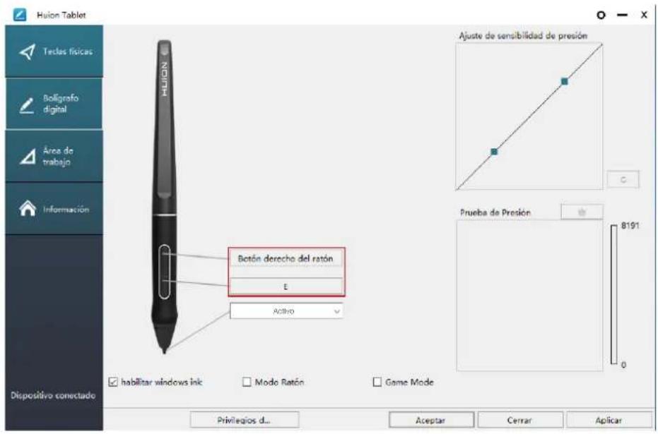 Huilon Tablet Tectas físicas Bollígrafo digital Área de trabajo Información Dispositivo conectado Botón derecho del ratón E Activio Ajuste de sensibilidad de presión Prueba de Presión 8191 Privilegios d... Aceptar Cerrar Aplicar