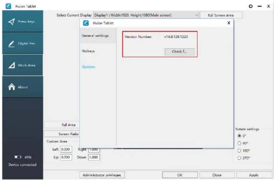 Huion Tablet Select Current Display Display1: Width:1920, Height:1080(Main screen) Full Screen Area Huiion Tablet General settings Version Number: v14.8.129.1220 Hotkeys Check E... Updates Full Area Screen Ratio Custom Area Left 0.000 Right 1.000 Up 0.000 Down 1.000 Rotate settings ○ 0° ○ 90° ○ 180° ○ 270° Device connected 40%
