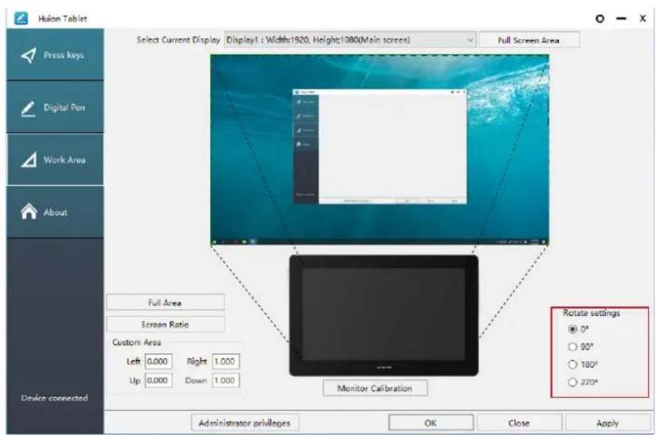 Husion Tablet Select Current Display Display1 : Widths1920, Height1080(Main screen) Full Screen Area Full Area Screen Ratio Custom Area Left 0.000 Right 1.000 Up 0.000 Down 1.000 Monitor Calibration Rotate settings ● 0° ○ 90° ○ 180° ○ 270° Administrator privileges OK Close Apply