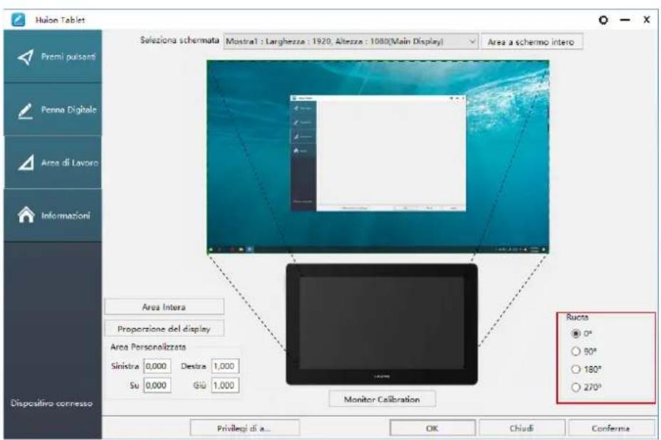 Hulon Tablet Seleziona schemata Mostra1 : Larghezza : 1920, Altezza : 1080(Main Display) Area a schermo intero Area Intera Proportione del display Area Personalizzata Sinistra 0,000 Destra 1,000 Su 0,000 Giu 1,000 Monitor Calibration Rucota ● 0° ○ 90° ○ 180° ○ 270° Privileggi di a... OK Chiudi Conferma