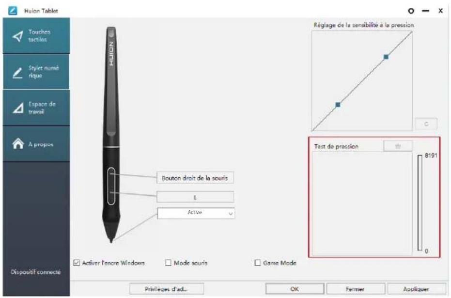 Huilon Tablet Touches tactiles Stylet numé rèque Espace de travail A propos Dispositif connecté Bouton droit de la souris E Active Réglage de la sensibilité à le pression Test de pression 8191 0 Active l'encre Windows Mode souris Game Mode Privilèges d'ad... OK Fermer Appliquer