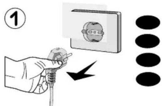 Diagram showing a hand holding a plug connected to an electrical socket, with a magnified view and three vertically aligned black dots below indicating different levels.