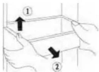 Diagram showing two hands holding a rectangular object with arrows indicating direction, labeled ① and ②.