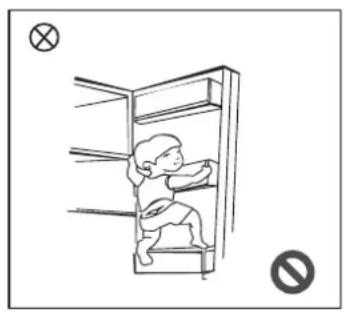 Simple line drawing of a child inside a refrigerator with no text or symbols