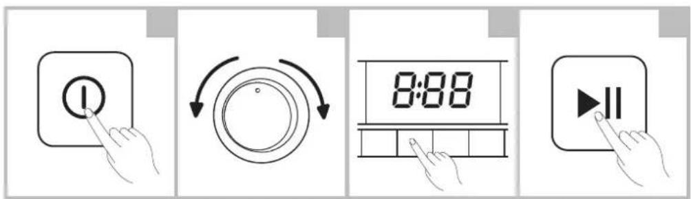 Four-step diagram showing hand press application: button, rotary dial, LCD screen, and play button with Chinese labels.