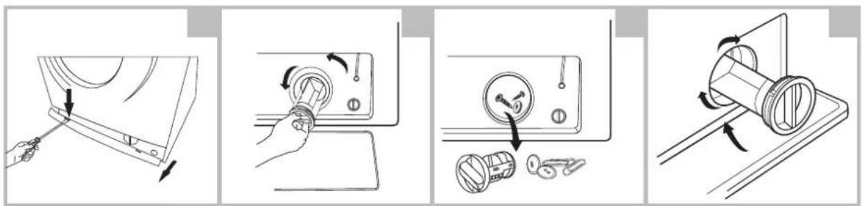 Technical diagram showing four steps of a washing machine operation: cutting, rotary dialing, locking lock, and rolling pin.