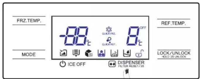 FRZ.TEMP. MODE ICE OFF QUICK FRZ. QUICK REF. 8°C OFF REF.TEMP. LOCK/UNLOCK HOLD 3S UNLOCK