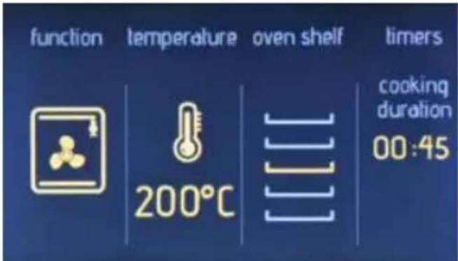 function temperature oven shelf timers 200°C cooking duration 00:45