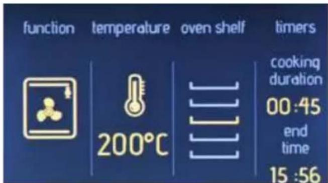 function temperature oven shelf timers 200°C cooking duration 00:45 end time 15:56