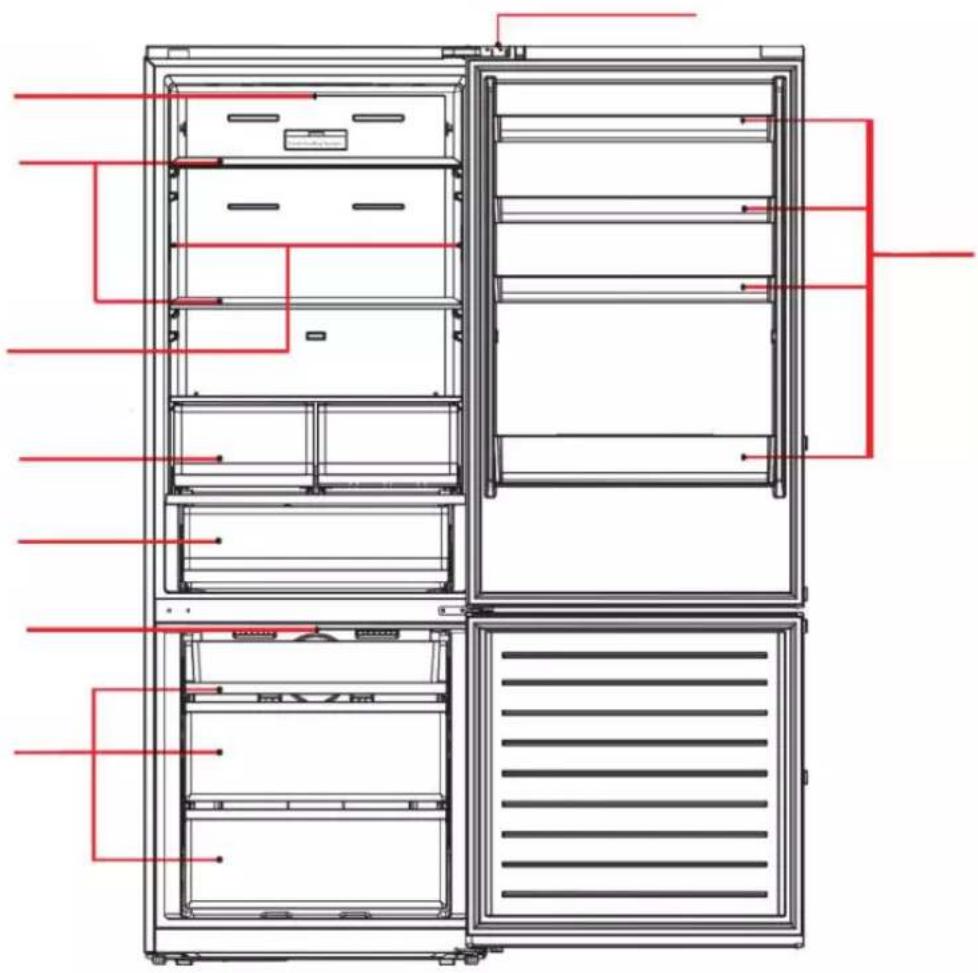Technical diagram of a refrigerator with labeled internal compartments and red annotations indicating structural components.