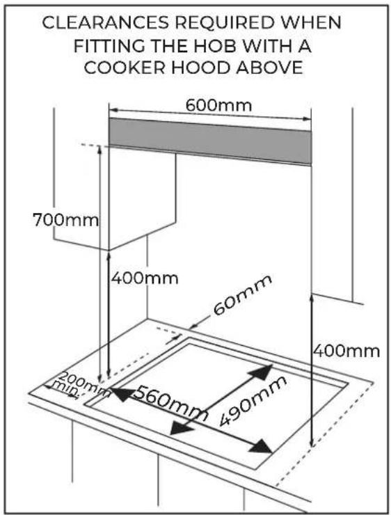 CLEARANCES REQUIRED WHEN FITTING THE HOB WITH A COOKER HOOD ABOVE 600mm 700mm 400mm 60mm 400mm 200mm 560mm 490mm m/pc