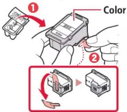 CANON PIXMA E3440 - Retirez la cartouche FINE couleur du paquet et retirez le ruban protecteur. - 1