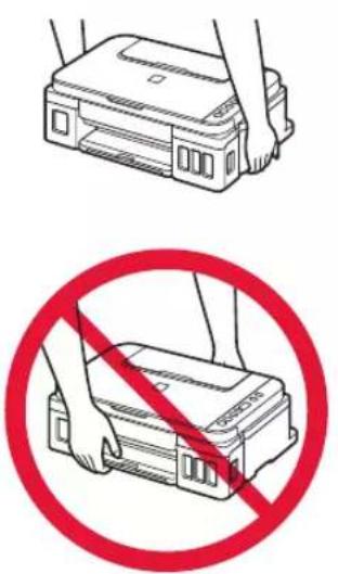 Diagram showing two methods of handling a printer case: one with hands holding the case, and another with a red prohibition sign.