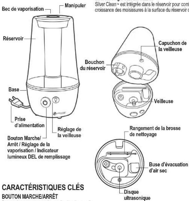 Bec de vaporisation Manipuler Silver Clean™ est intégrée dans le réservoir pour comb croissance des moisissures à la surface du réservoir d Réservoir Base Prise d'alimentation Bouton Marche/ Arrêt / Réglage de la vaporisation / Indicateur lumineux DEL de remplissage Réglage de la veilleuse Capuchon de la veilleuse Bouchon du réservoir Veilleuse Rangement de la brosse de nettoyage Buse d'évacuation d'air sec Disque ultrasonique CARACTÉRISTIQUES CLÉS BOUTON MARCHE/ARRÊT
