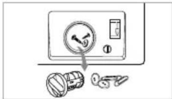 Diagram showing a wall-mounted device with a dial indicator and a close-up of a mechanical component, likely illustrating electrical or mechanical assembly.