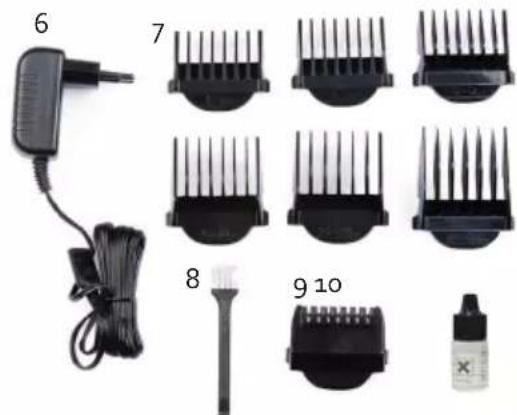 Product photo showing a hair styling tool with numbered cutting tools and a product bottle