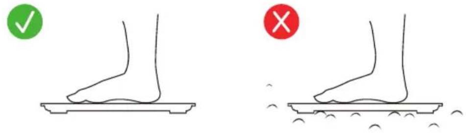 Diagram showing two foot positions with checkmark and cross symbols indicating correct and incorrect actions