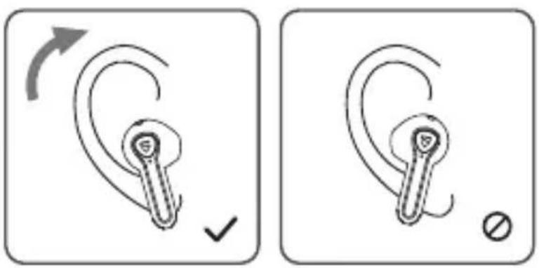 Diagram showing ear ear with a USB flash and directional arrow, alongside a close-up of the ear with a stop symbol.