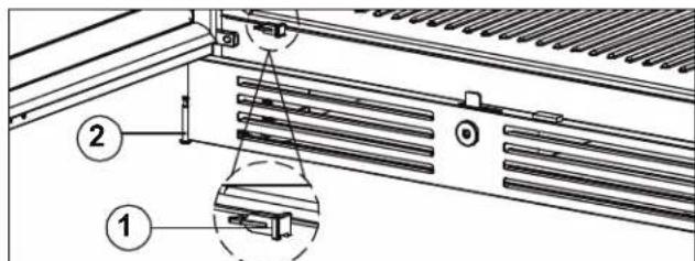 Technical diagram showing installation details of a ventilation duct with labeled components 1 and 2