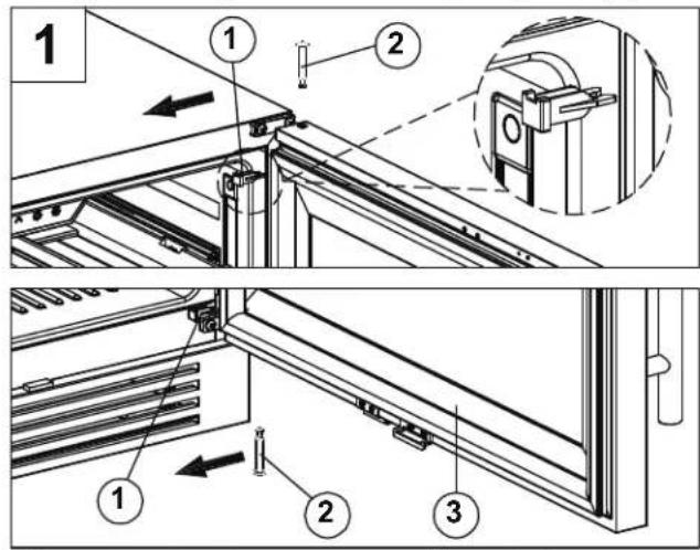 Technical diagram showing three labeled mechanical assembly steps with arrows indicating movement or force directions.