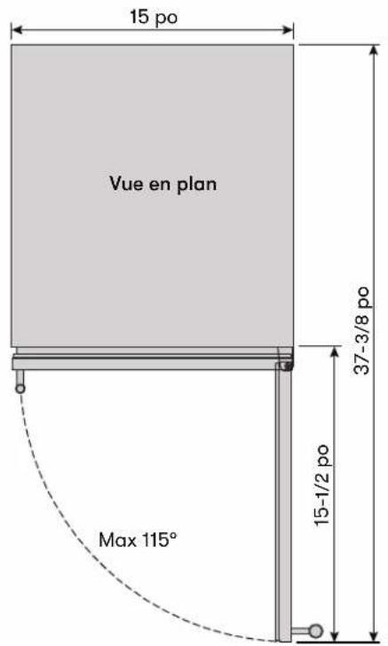 15 po Vue en plan 37-3/8 po Max 115° 15-1/2 po