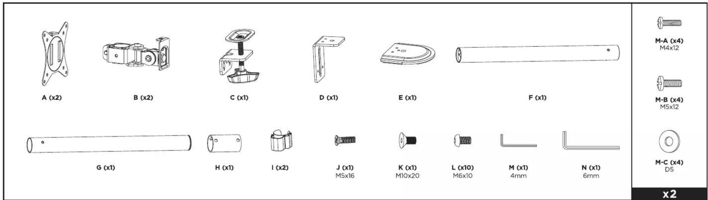 Gembird MA-D2-02 - Adjustable desk 2-display mounting arm (rotate, tilt, swivel, height), 17"-32", up to 9 kg - 8