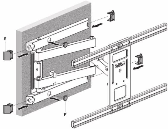 Technical diagram of a mechanical assembly with labeled components E and F, showing structural components and directional arrows.