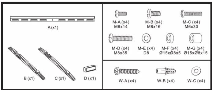 A (x1) B (x1) C (x1) D (x1) M-A (x4) M6x14 M-B (x4) M8x16 M-C (x4) M6x30 M-D (x4) M8x35 M-E (x4) D8 M-F (x4) Ø15xØ8x5 M-G (x4) Ø15xØ8x15 W-A (x4) W-B (x4) W-C (x4)