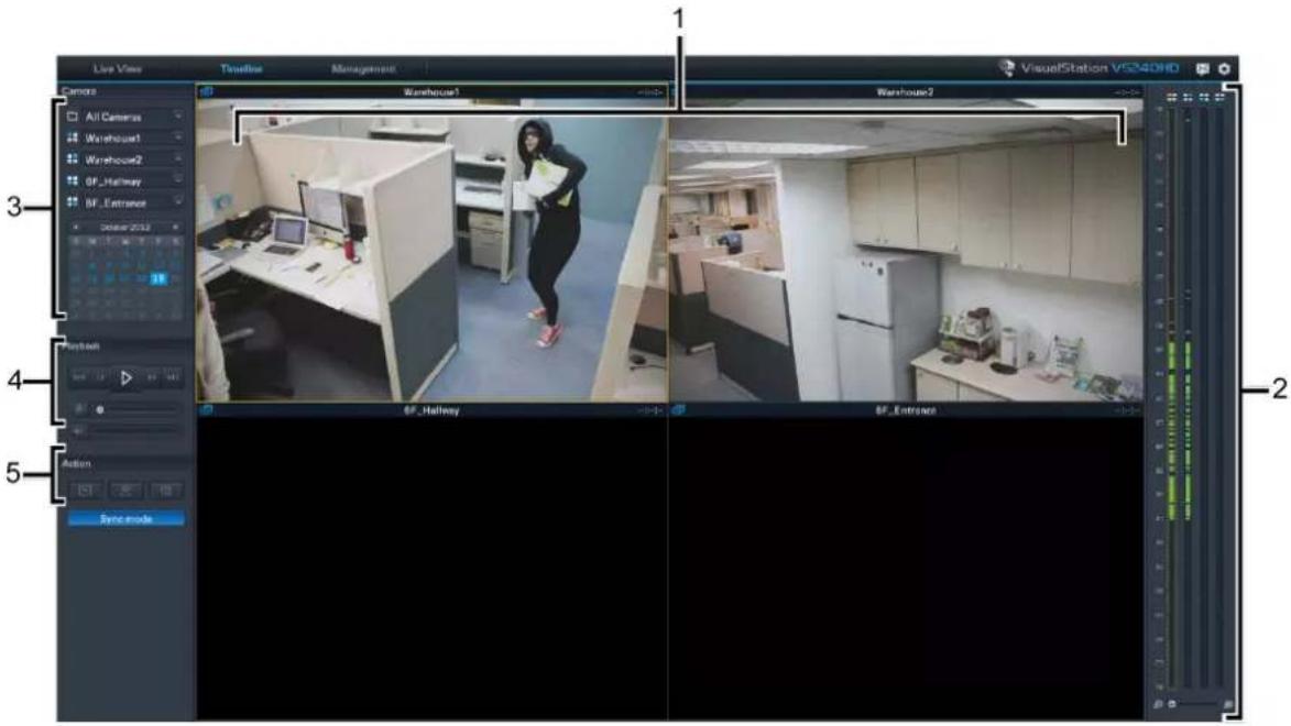 Live View Timeline Management Camera All Camera1 Warehouse1 Warehouse2 BF_Hallway BF_Entrance Balance 2022 Warehouse1 Warehouse2 3 4 5 Sync mode BF_Hallway BF_Entrance 2 1 VisualStation V5240HD