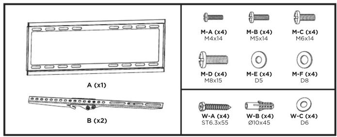 A (x1) B (x2) M-A (x4) M4x14 M-B (x4) M5x14 M-C (x4) M6x14 M-D (x4) M8x15 M-E (x4) D5 M-F (x4) D8 W-A (x4) ST6.3x55 W-B (x4) Ø10x45 W-C (x4) D6