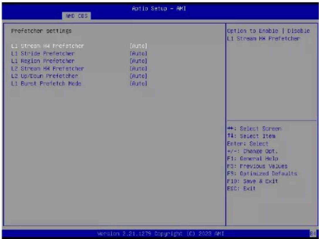 Optio Setup - AMI AMD COS Prefetcher settings L1 Stream HW Prefetcher [Auto] L1 Stride Prefetcher [Auto] L1 Region Prefetcher [Auto] L2 Stream HW Prefetcher [Auto] L2 Up/Down Prefetcher [Auto] L1 Burst Prefetch Mode [Auto] Option to Enable | Disable L1 Stream HW Prefetcher +: Select Screen ↑↓: Select Item Enter: Select +/-: Change Opt. F1: General Help F3: Previous Values F9: Optimized Defaults F10: Save & Exit ESC: Exit version 2.21.1279 Copyright (C) 2023 AMI B4