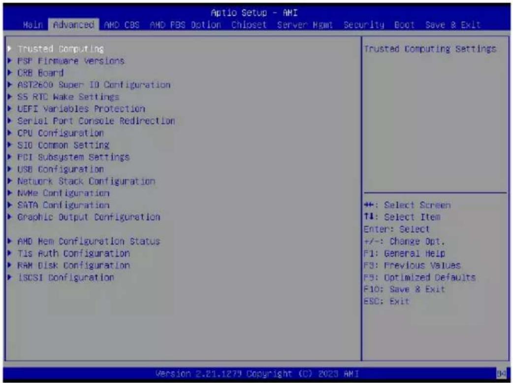 Aptio Setup - AMI Main Advanced AMD CBS AMD PBS Option Chipset Server Hgmt Security Boot Save & Exit Trusted Computing PSP Firmware versions CRB Board AST2600 Super ID Configuration SS RTC Wake Settings UEFI Variables Protection Serial Port Console Redirection CPU Configuration SIO Common Setting PCI Subsystem Settings USB Configuration Network Stack Configuration NVMe Configuration SATA Configuration Graphic Output Configuration AMD Hem Configuration Status Tis Auth Configuration RAM Disk Configuration ISCSI Configuration Trusted Computing Settings +: Select Screen ↑↓: Select Item Enter: Select +/-: Change Opt. F1: General Help F3: Previous Values F5: Optimized Defaults F10: Save & Exit ESC: Exit Version 2.21.1279 Copyright (C) 2023 AMI