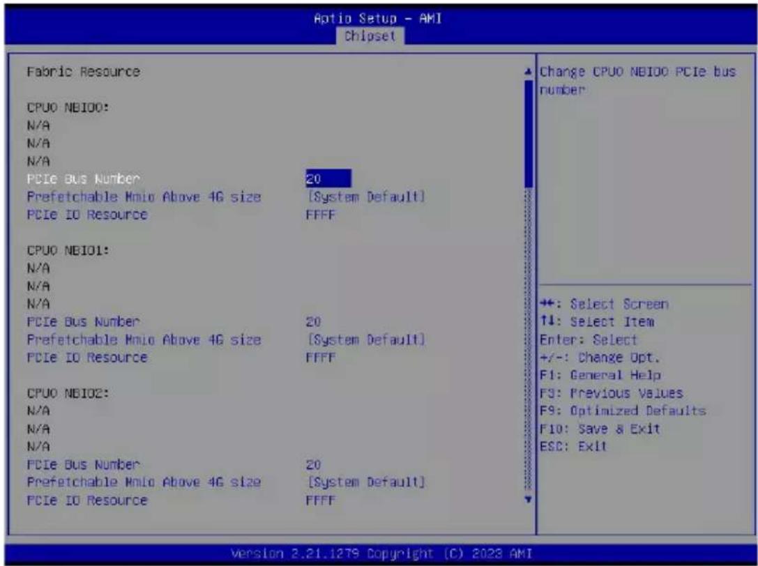 Aptio Setup - AMI Chipset Fabric Resource CPU0 NB100: N/A N/A N/A PCIe Bus Number 20 Prefetchable Mmio Above 4G size [System Default] PCIe IO Resource FFFF CPU0 NB101: N/A N/A N/A PCIe Bus Number 20 Prefetchable Mmio Above 4G size [System Default] PCIe IO Resource FFFF CPU0 NB102: N/A N/A N/A PCIe Bus Number 20 Prefetchable Mmio Above 4G size [System Default] PCIe IO Resource FFFF Change CPU0 NB100 PCIe bus number +: Select Screen ↑↓: Select Item Enter: Select +/-: Change Opt. F1: General Help F3: Previous Values F9: Optimized Defaults F10: Save & Exit ESC: Exit Version 3.21.1279 Copyright (C) 2023 AMI