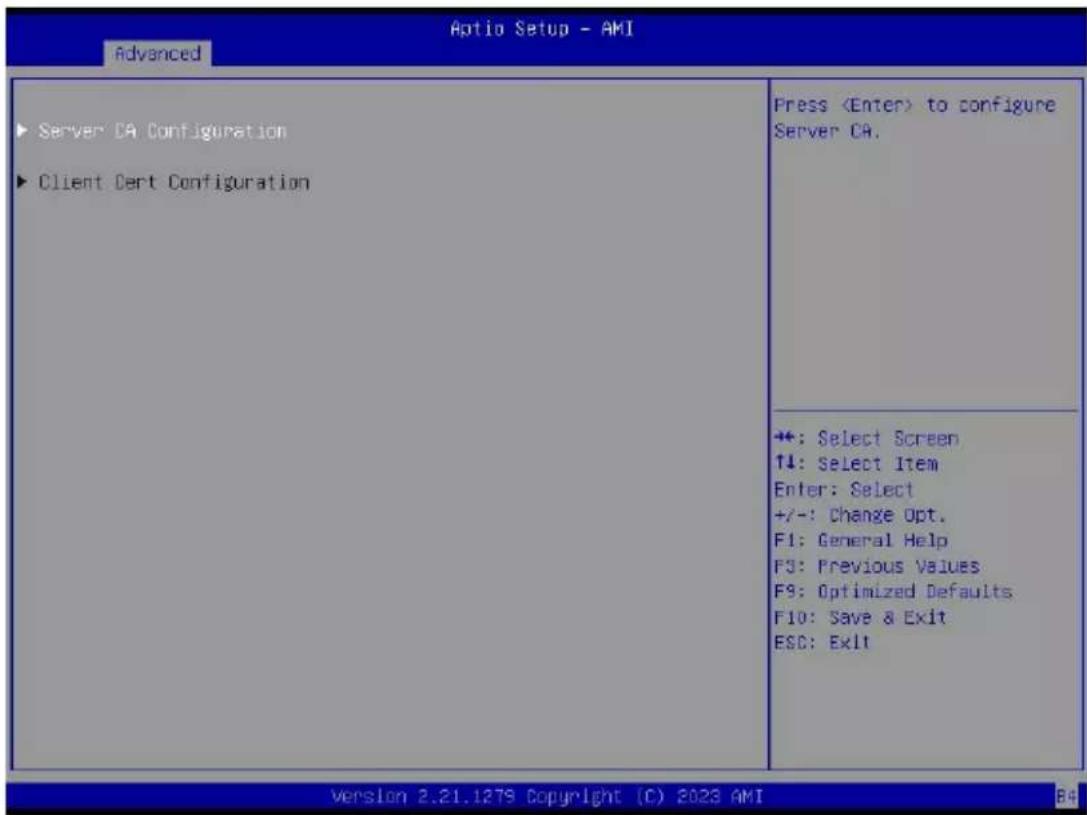 Optio Setup - AMI Advanced ► Server CA Configuration ► Client Cert Configuration Press to configure Server CA. +: Select Screen ↑↓: Select Item Enter: Select +/-: Change Opt. F1: General Help F3: Previous Values F9: Optimized Defaults. F10: Save & Exit ESC: Exit Version 2.21.1279 Copyright (C) 2023 AMI B4