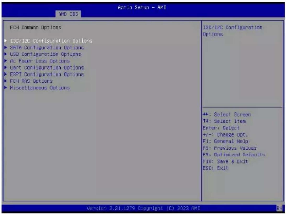 Optio Setup - AMI AMD CBS FCH Common Options ► I3C/I2C Configuration Options ► SATA Configuration Options ► USB Configuration Options ► AC Power Loss Options ► Uart Configuration Options ► ESPI Configuration Options ► FCH RAS Options ► Miscellaneous Options I3C/I2C Configuration Options +: Select Screen ↑↓: Select Item Enter: Select +/-: Change Opt. F1: General Help F3: Previous Values F9: Optimized Defaults F10: Save & Exit ESC: Exit Version 2.21.1279 Copyright (C) 2023 AMI B4