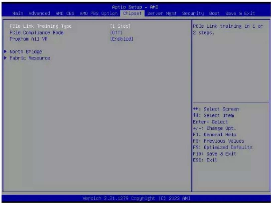 Aptio Setup - AMI Main Advanced AMD CBS AMD PBS Option Chloset Server Mgmt Security Boot Save & Exit PCIe Link Training Type [1 Step] PCIe Compliance Mode [Off] Program All VR [Enabled] ► North Bridge ► Fabric Resource PCIe Link training In 1 or 2 steps. +: Select Screen ↑↓: Select Item Enter: Select +/-: Change Opt. F1: General Help F3: Previous Values F9: Optimized Defaults F10: Save & Exit ESC: Exit Version 2.21.1279 Copyright (C) 2023 AMI