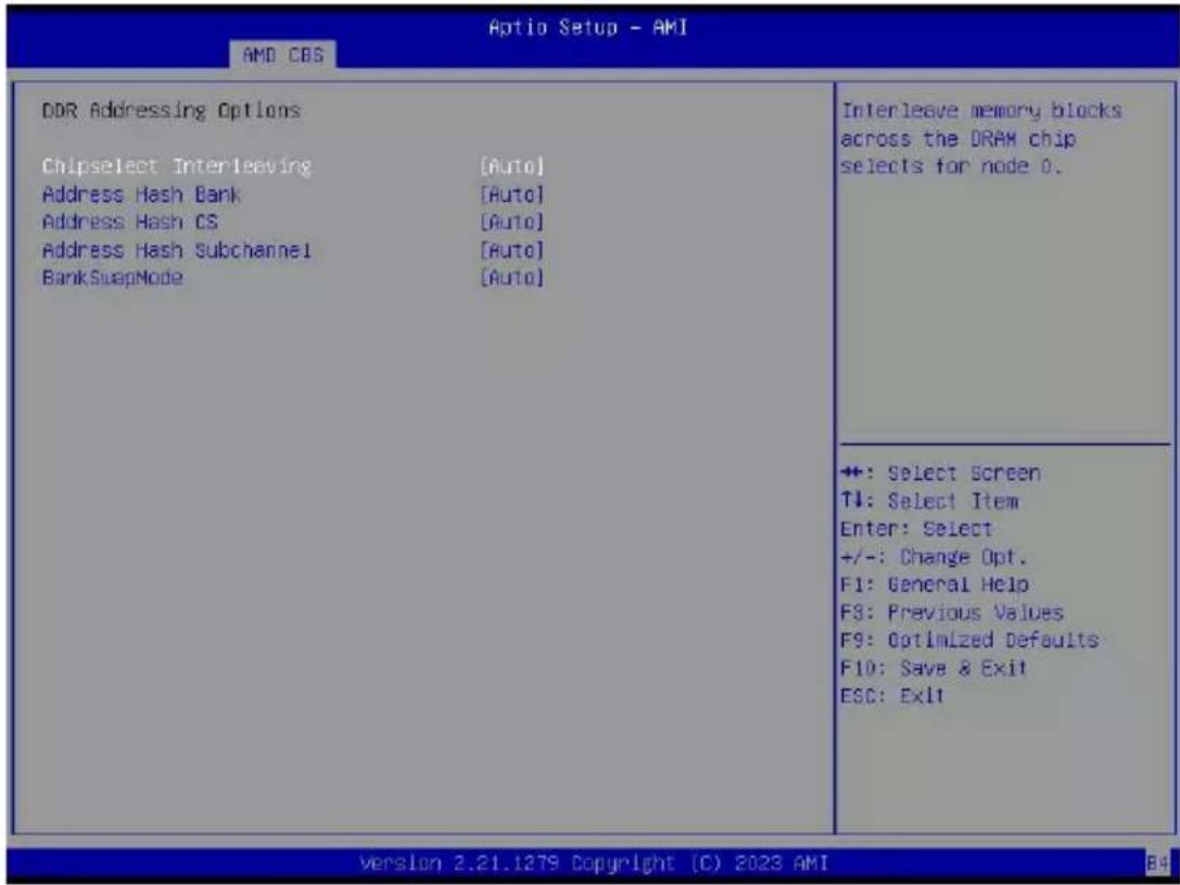 Optio Setup - AMI AMD CBS DDR Addressing Options Chipselect Interleaving [Auto] Address Hash Bank [Auto] Address Hash CS [Auto] Address Hash Subchannel [Auto] Bank SwapNode [Auto] Interleave memory blocks across the DRAM chip selects for node 0. +: Select Screen T#: Select Item Enter: Select +/-: Change Opt. F1: General Help F3: Previous Values F9: Optimized Defaults F10: Save & Exit ESC: Exit Version 2.21.1279 Copyright (C) 2023 AMI B4