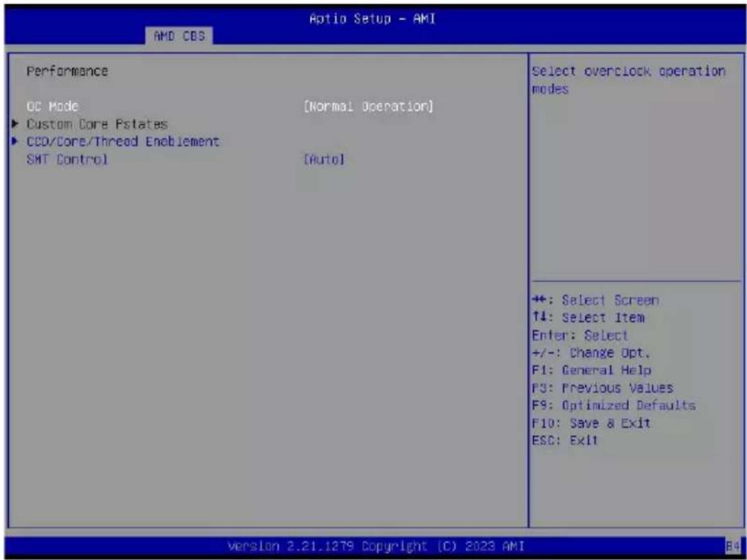 Aptio Setup - AMI AMD CDS Performance OC Mode [Normal Operation] ► Custom Core Pstates ► CCD/Core/Thread Enablement SMT Control [Auto] Select overclock operation modes +: Select Screen ↑↓: Select Item Enter: Select +/-: Change Opt. F1: General Help F3: Previous Values F9: Optimized Defaults F10: Save & Exit ESC: Exit Version 2.21.1279 Copyright (C) 2023 AMI B4