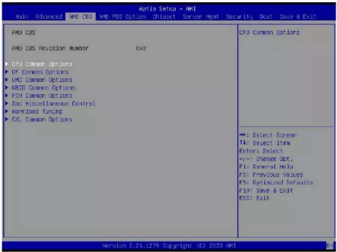 Aptio Setup - AMI Main Advanced AMD CBS AMD PBS Option Chloset Server Mgmt Security Boot Save & Exit AMD CBS AMD CBS Revision Number OXO ► CPU Common Options ► DF Common Options ► UMC Common Options ► NBIO Common Options ► FCH Common Options ► Soc Miscellaneous Control ► Workload Tuning ► CXL Common Options CPU Common Options +: Select Screen ↑↓: Select Item Enter: Select +/-: Change Opt. F1: General Help F3: Previous Values F9: Optimized Defaults F10: Save & Exit ESC: Exit Version 2.21.1279 Copyright (C) 2023 AMI B4