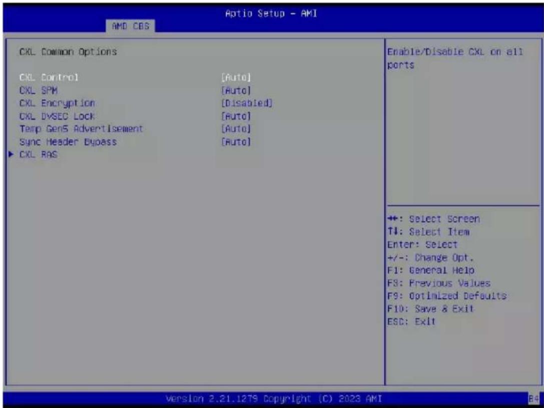 Optio Setup - AMI AMD CBS CKL Common Options CKL Control [Auto] CKL SPM [Auto] CKL Encryption [Disabled] CKL DVSEC Lock [Auto] Temp Gen5 Advertisement [Auto] Sync Header Bypass [Auto] CKL BAS Enable/Disable CXL on all ports +: Select Screen T#: Select Item Enter: Select +/-: Change Opt. F1: General Help F3: Previous Values F9: Optimized Defaults F10: Save & Exit ESC: Exit Version 2.21.1279 Copyright (C) 2023 AMI B4