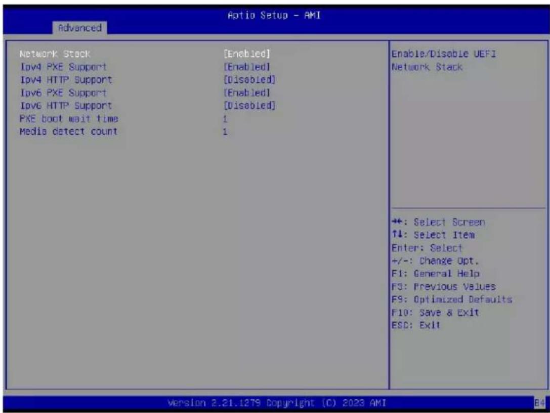 Advanced Optio Setup - AMI Network Stack [Enabled] Ipv4 PXE Support [Enabled] Ipv4 HTTP Support [Disabled] Ipv6 PXE Support [Enabled] Ipv6 HTTP Support [Disabled] PXE boot wait time 1 Media detect count 1 Enable/Disable UEFI Network Stack +: Select Screen ↑↓: Select Item Enter: Select +/-: Change Opt. F1: General Help F3: Previous Values F9: Optimized Defaults F10: Save & Exit ESC: Exit Version 2.21.1279 Copyright (C) 2023 AMI 84