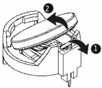Technical diagram of a mechanical device with numbered components and directional arrows indicating motion or assembly.