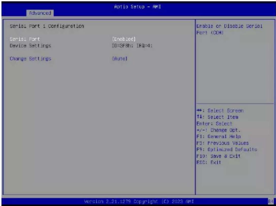 Optio Setup - AMI Advanced Serial Port 1 Configuration Serial Port [Enabled] Device Settings IO=3F8h; IRQ=4; Change Settings [Auto] Enable or Disable Serial Port (COM) +: Select Screen ↑↓: Select Item Enter: Select +/-: Change Opt. F1: General Help F3: Previous Values F9: Optimized Defaults F10: Save & Exit ESC: Exit Version 2.21.1278 Copyright (C) 2023 AMI B4