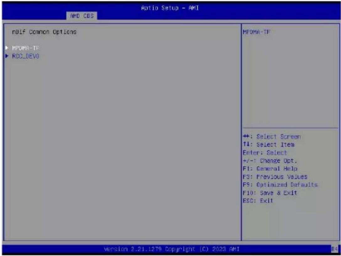 Optio Setup - AMI AMD CBS nBIf Common Options ► MPDMA-TF ► ROC_DEVO MPDMA-TF +: Select Screen ↑↓: Select Item Enter: Select +/-: Change Opt. F1: General Help F3: Previous Values F9: Optimized Defaults F10: Save & Exit ESC: Exit Version 2.21.1279 Copyright (C) 2023 AMI B4