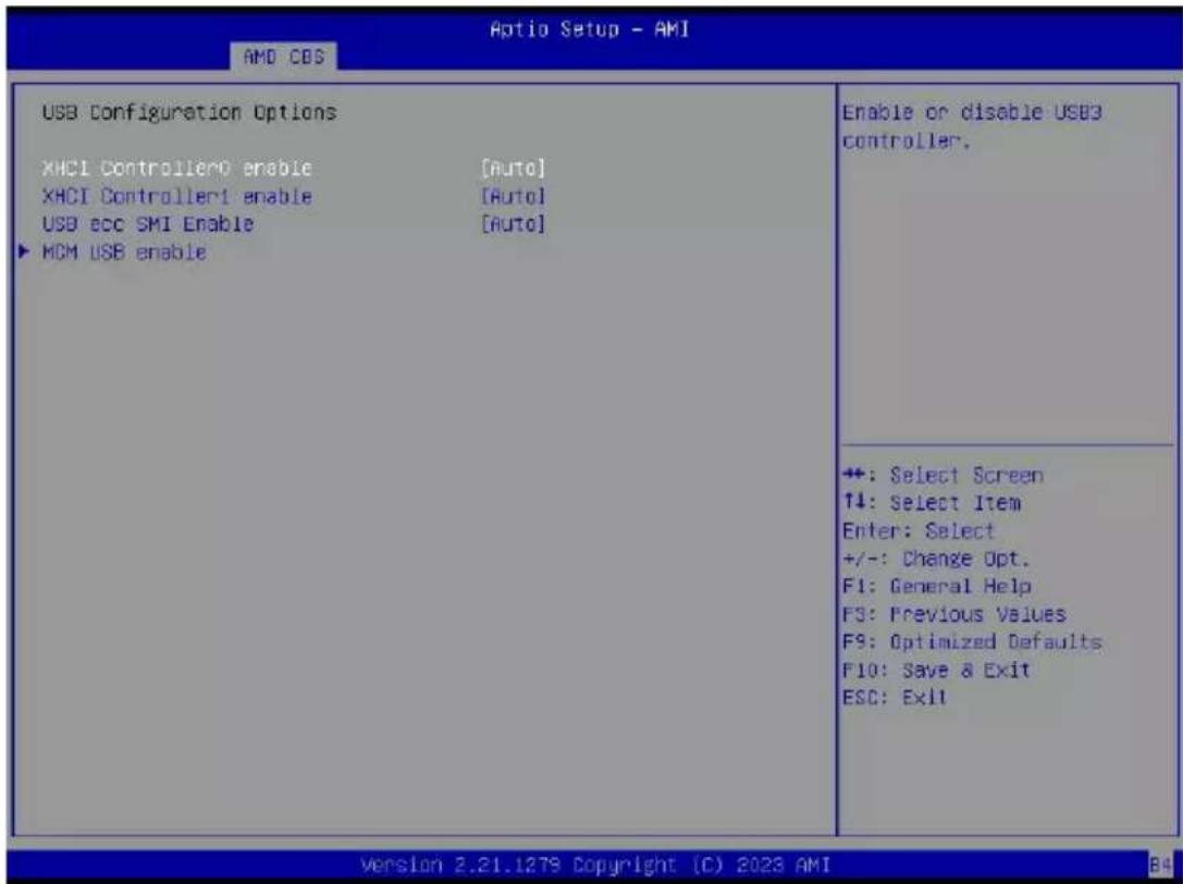 Optio Setup - AMI AMD CDS USB Configuration Options XHCI Controller0 enable [Auto] XHCI Controller1 enable [Auto] USB ecc SMI Enable [Auto] ▶ MCM USB enable Enable or disable USB3 controller. +: Select Screen ↑: Select Item Enter: Select +/-: Change Opt. F1: General Help F3: Previous Values F9: Optimized Defaults F10: Save & Exit ESC: Exit Version 2.21.1278 Copyright (C) 2023 AMI B4