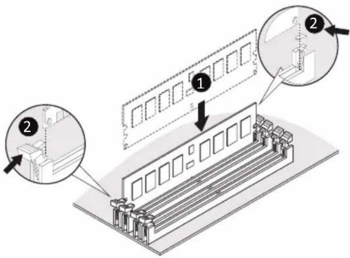 Technical diagram showing assembly of a memory module with labeled components and directional arrows