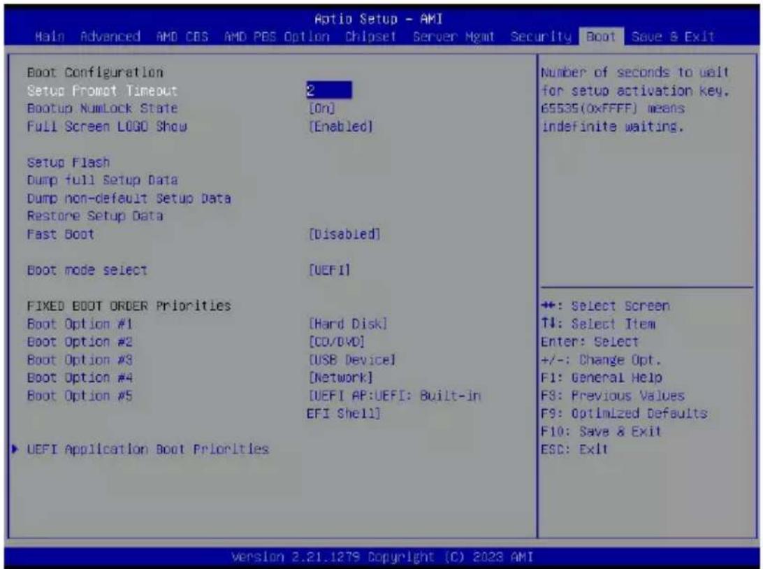 Aptio Setup - AMI Main Advanced AMD CBS AMD PBS Option Chipset Server Mgmt Security Boot Save & Exit Boot Configuration Setup Prompt Timeout 2 Bootup NumLock State [On] Full Screen LOGO Show [Enabled] Setup Flash Dump full Setup Data Dump non-default Setup Data Restore Setup Data Fast Boot [Disabled] Boot mode select [UEFI] FIXED BOOT ORDER Priorities Boot Option #1 [Hard Disk] Boot Option #2 [CD/DVD] Boot Option #3 [USB Device] Boot Option #4 [Network] Boot Option #5 [UEFI AP:UEFI: Built-in EFI Shell] UEFI Application Boot Priorities Number of seconds to wait for setup activation key. 65535(0xFFFF) means indefinite waiting. +: Select Screen T#: Select Item Enter: Select +/-: Change Opt. F1: General Help F3: Previous Values F9: Optimized Defaults F10: Save & Exit ESC: Exit version 2.21.1279 Copyright (C) 2023 AMI