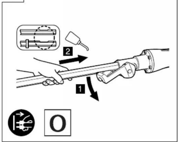 Diagram illustrating a mechanical tool manipulation process with labeled steps 1 and 2, accompanied by icons for circuit symbols and O.